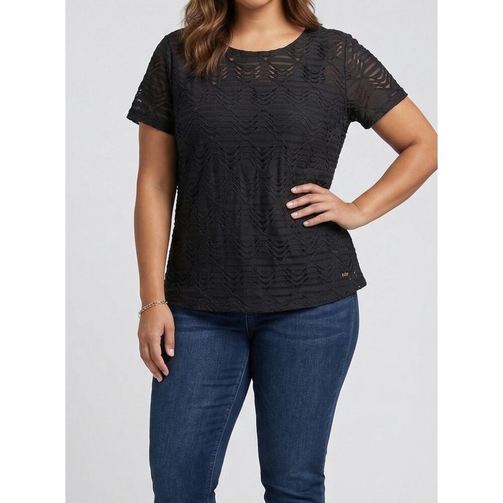 Calvin Klein Womens Large Black Short Sleeve Top Lace Over Polyester
